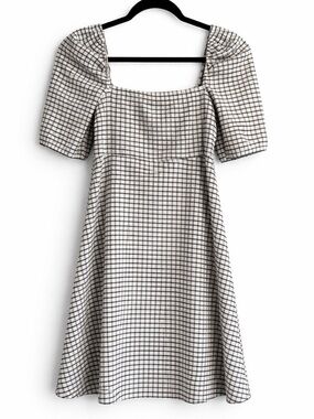 Zara Checked Square-Neck A-Line Dress in Black and White